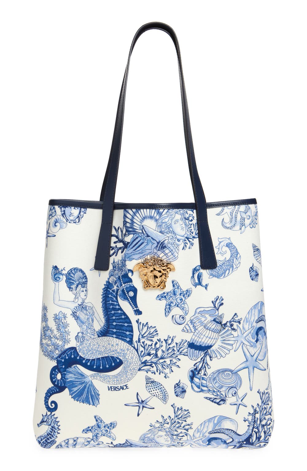 Coral Theater Print Canvas Tote, color, WHITE BLUE VERSACE GOLD