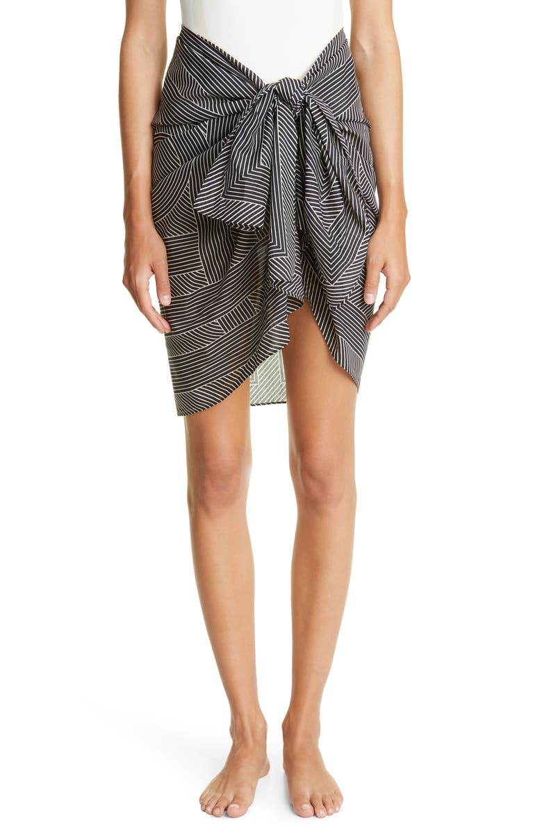 TOTEME Stripe Monogram Print Organic Cotton & Silk Cover-Up Sarong, Main, color, Black