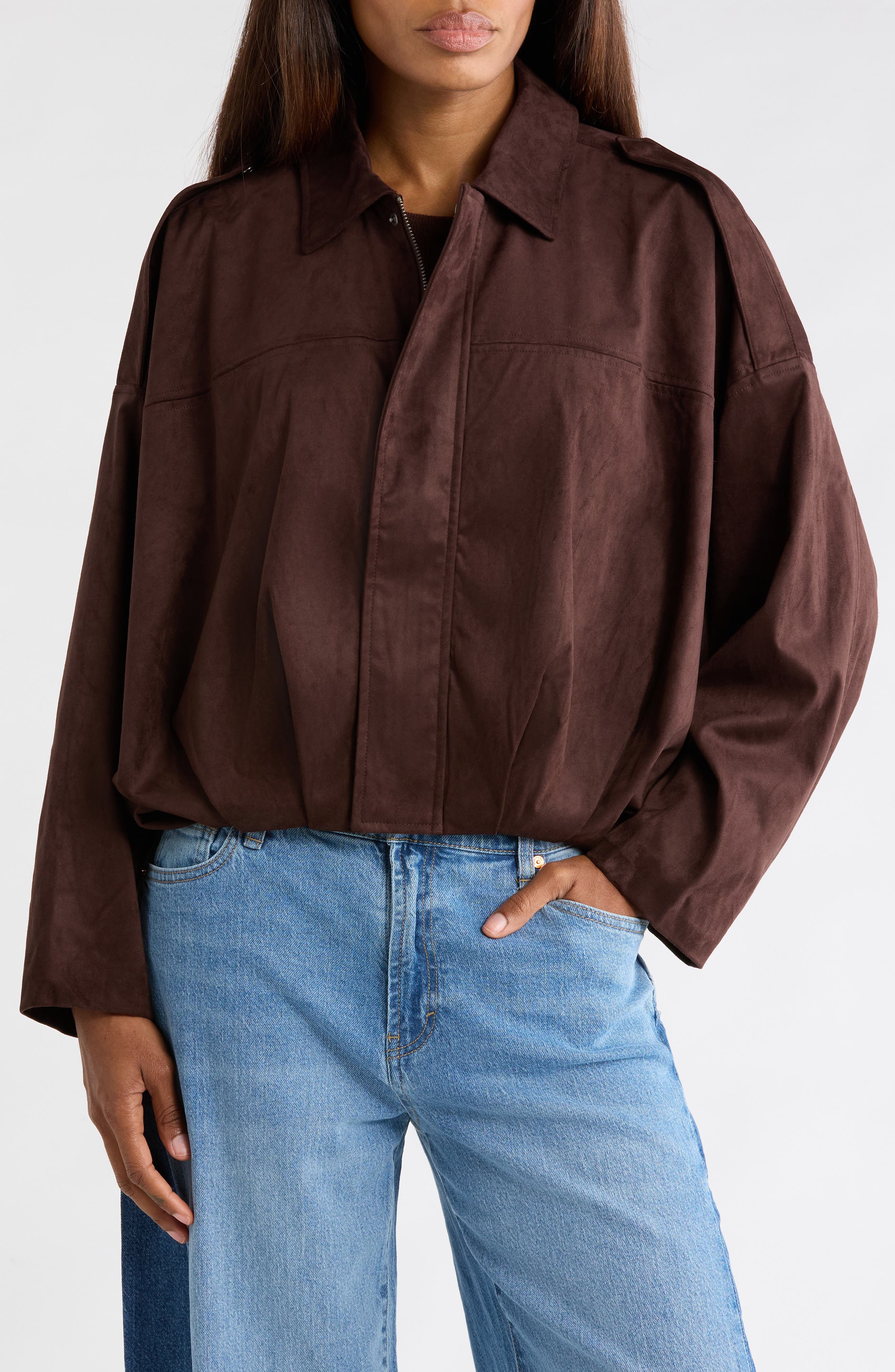 Faux Suede Bubble Hem Bomber Jacket
