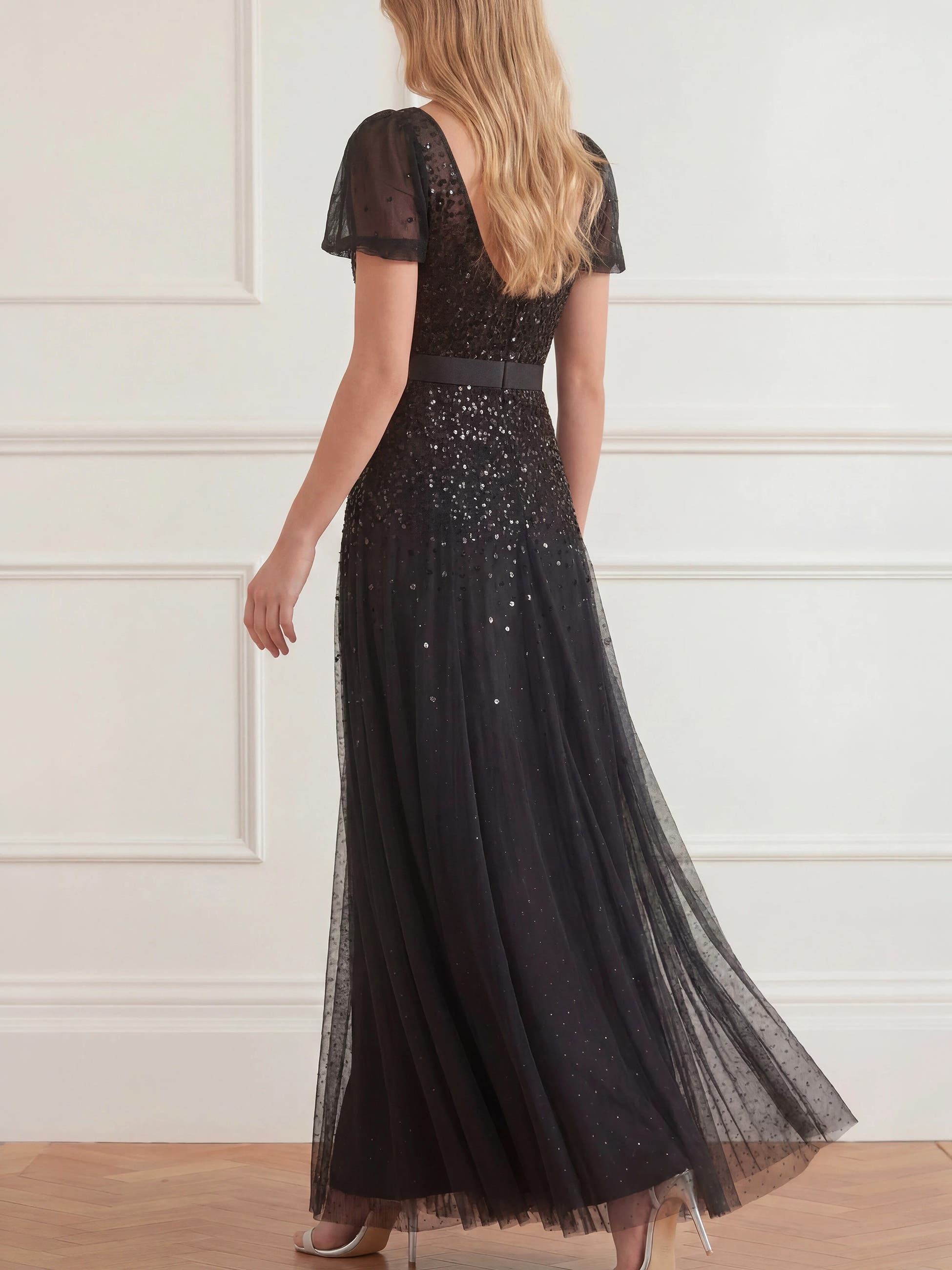Needle & Thread Sequin Cascade Bow Short Sleeve Gown (Women) | Nordstrom