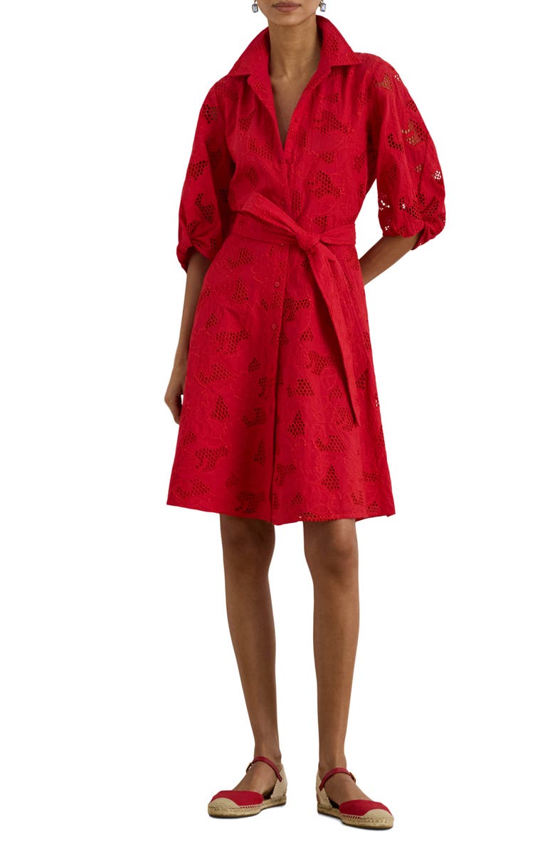 Lauren Ralph Lauren Eyelet Cotton Voile Shirtdress, Main, color, Cruise Red