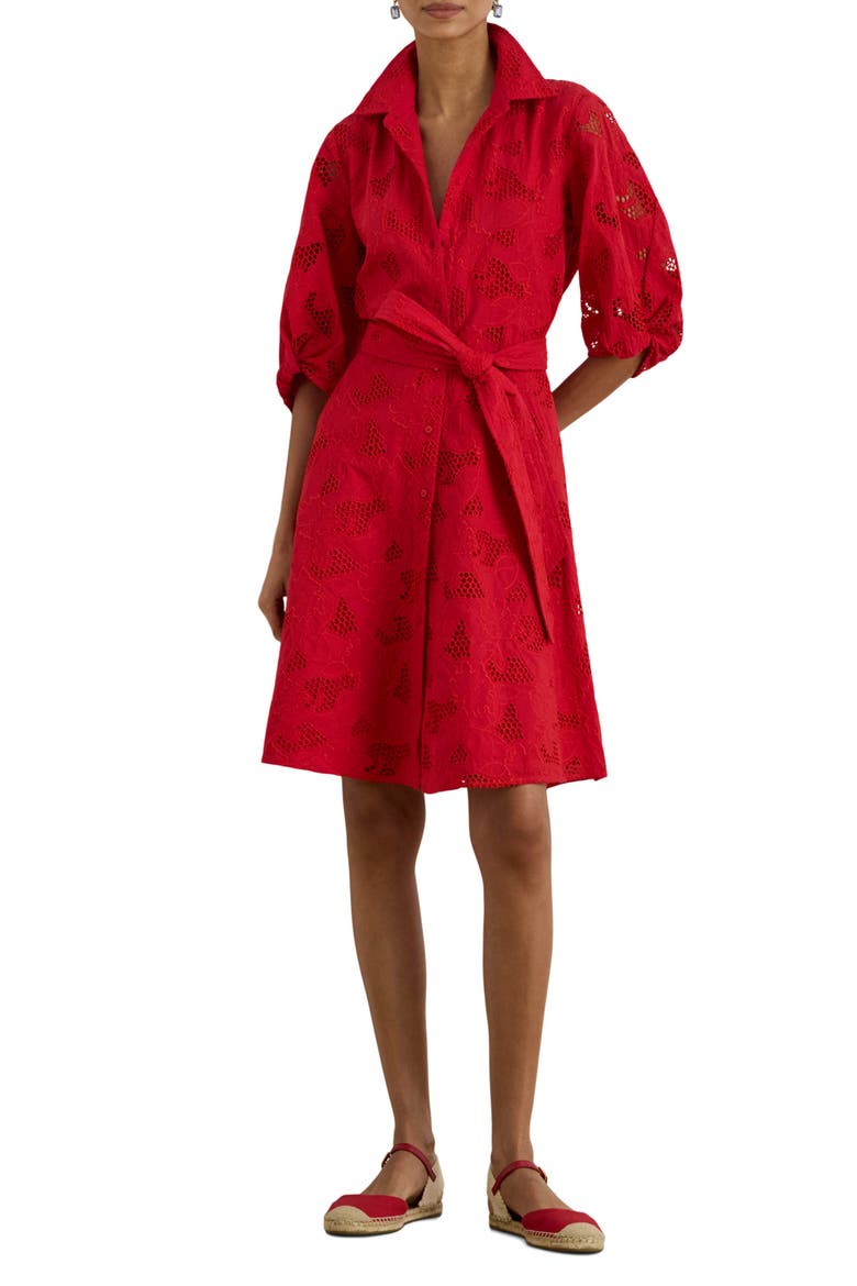 ralph lauren cotton voile dress Lace-Trim Belted Cotton Voile Dress
