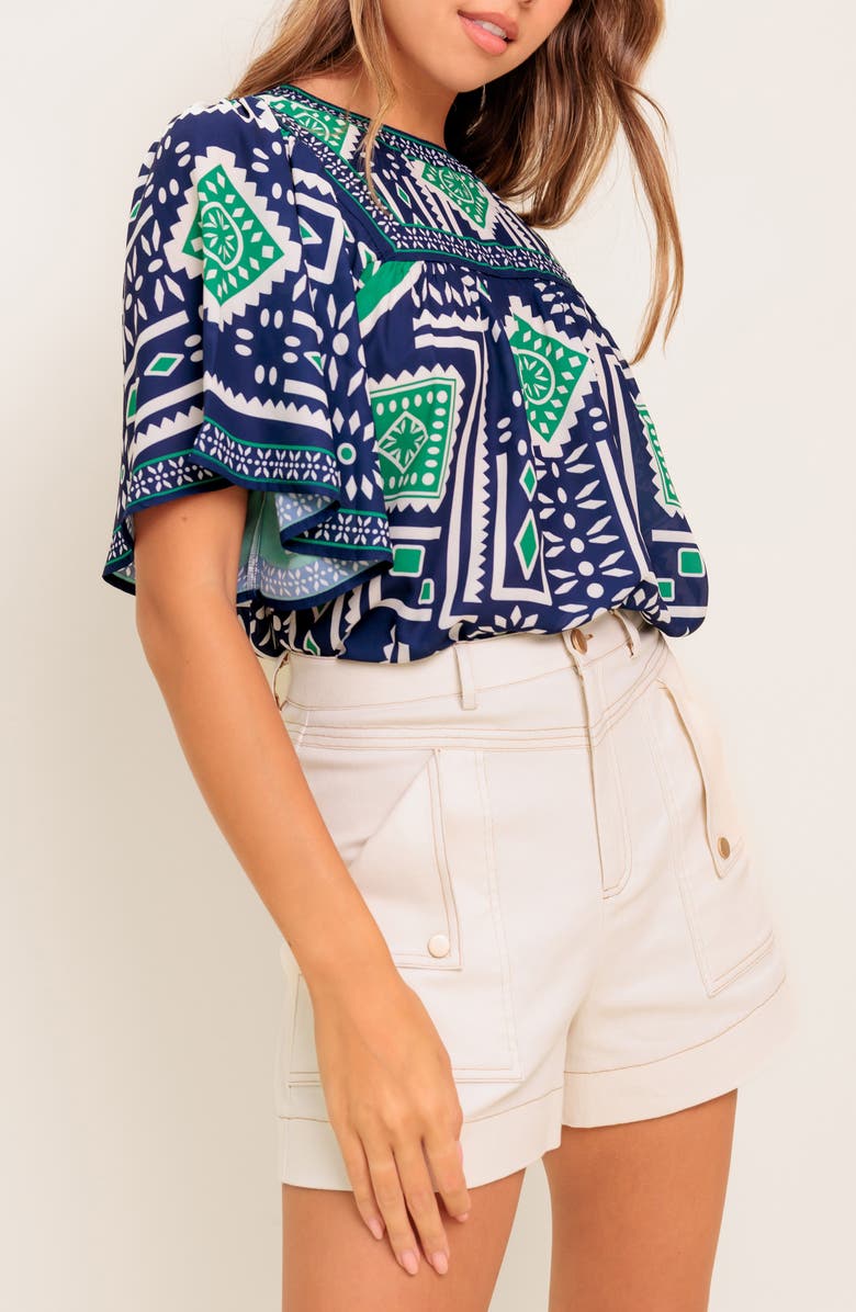 FLYING TOMATO Geometric Print Short Sleeve Top, Alternate, color, Navy