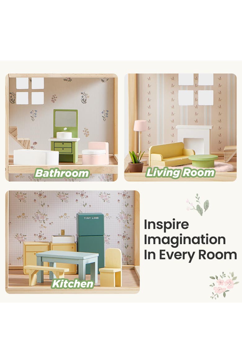 Wooden Dollhouse Set with 6 Rooms and 31 Piece Furniture for Kids, Alternate, color, Multicolor