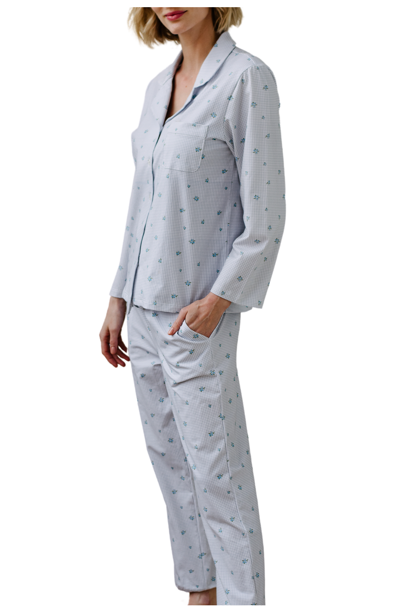 noon Stretch Cotton Long Pajama Set, Alternate, color, Blue Floral Gingham