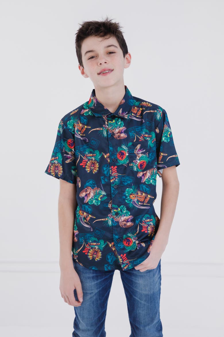Jurassic Park T-Rex Hawaiian Short Sleeve Button Down Shirt, Alternate, color, Black Dino Tropical