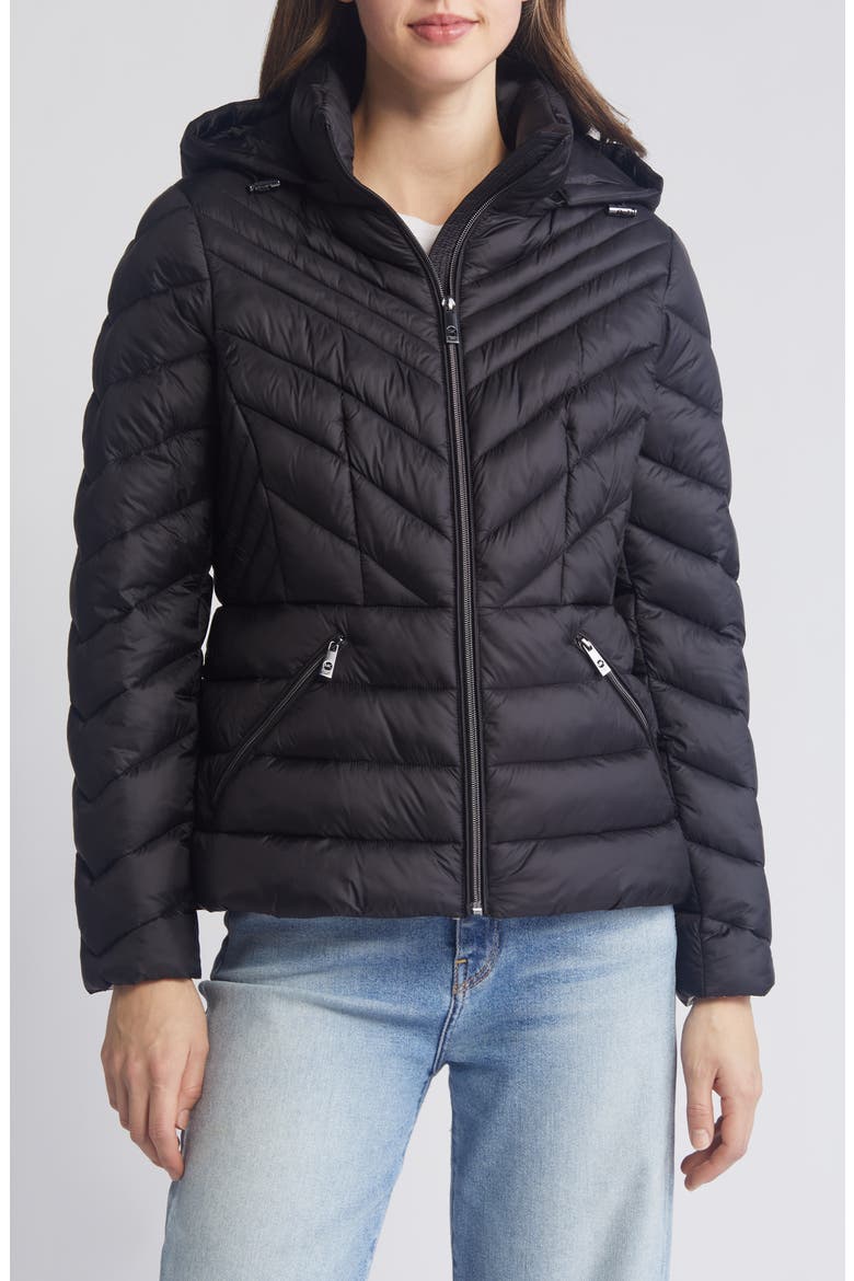 Water Repellent Hooded Packable Puffer Coat, Main, color, BLACK