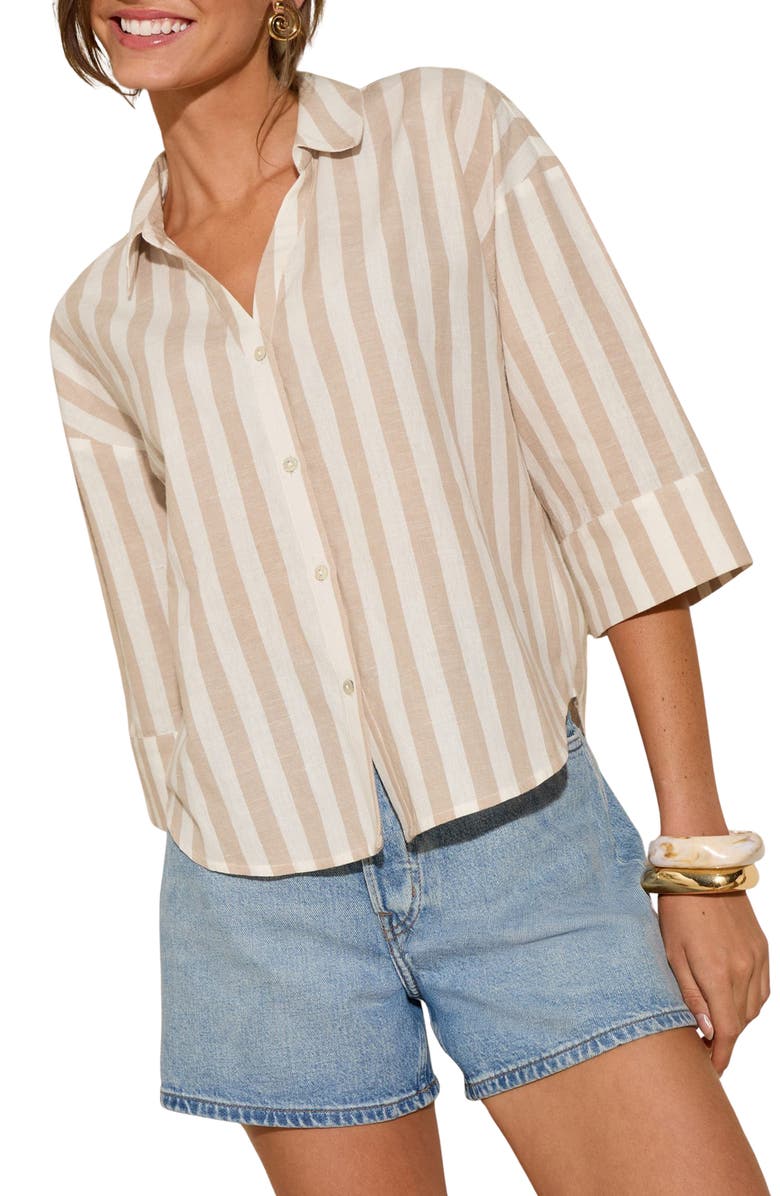Friends Like These Stripe Cotton & Linen Shirt, Main, color, Neutral