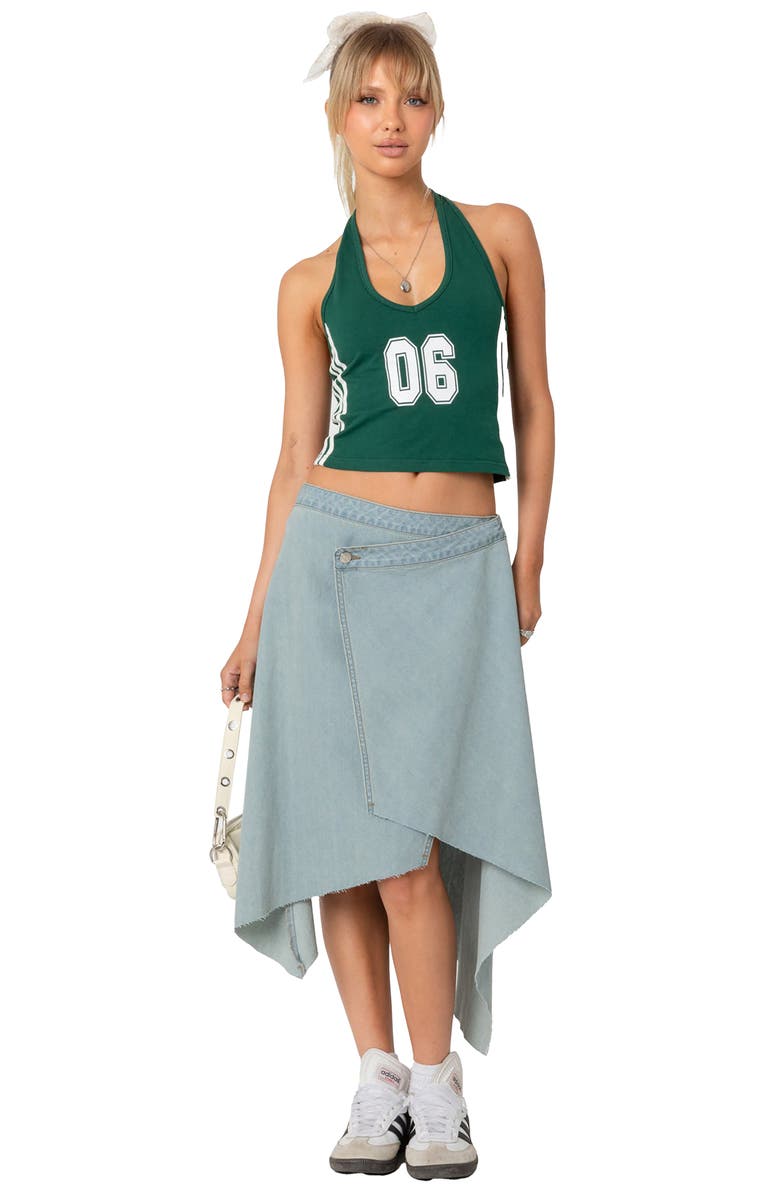 EDIKTED Asymmetric Wrap Denim Midi Skirt, Alternate, color, Light-Blue