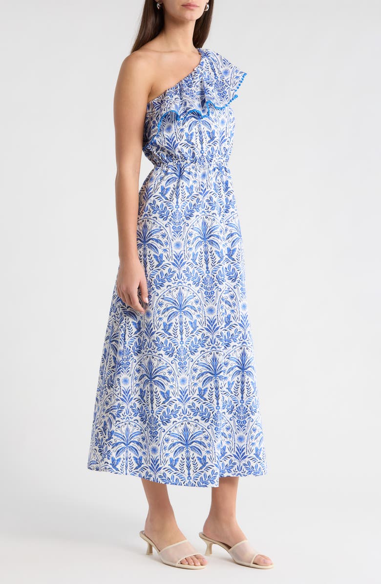 SUGARLIPS Romina Tropical Print One-Shoulder Cotton Dress, Alternate, color, Blue-White-Multi