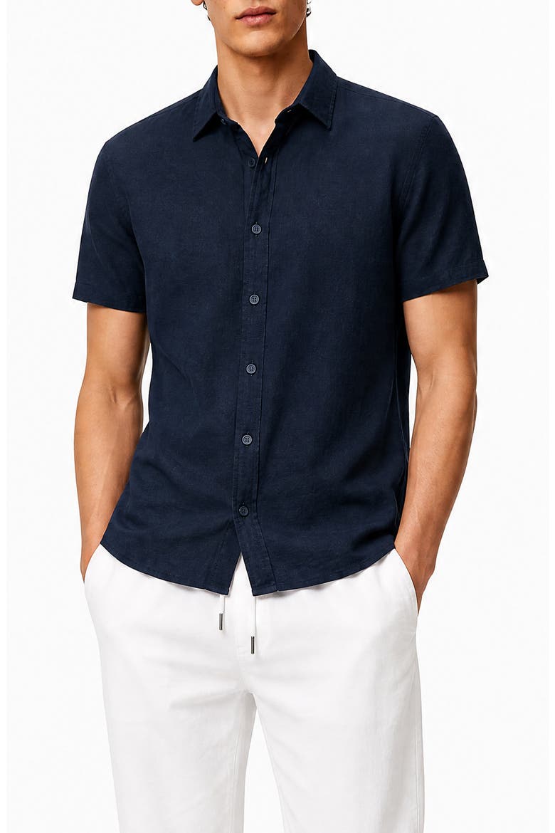 Short Sleeve Stretch Linen Blend Button-Up Shirt, Main, color, NAVY