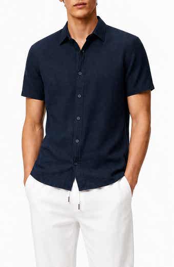 Short Sleeve Stretch Linen Blend Button-Up Shirt