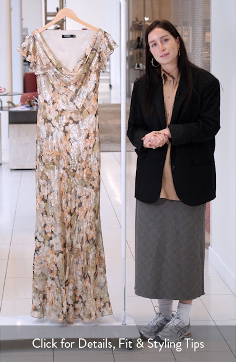 Metallic Floral Jacquard Cowl Neck Gown, sales video thumbnail