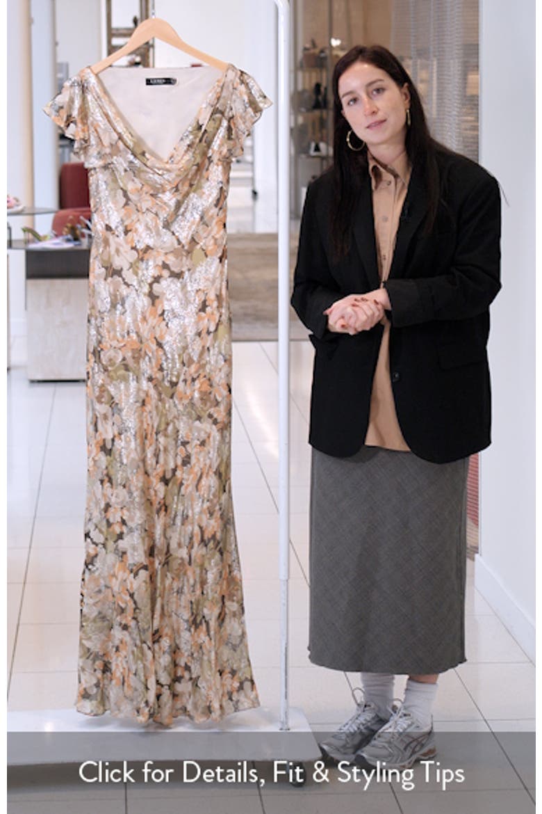 Metallic Floral Jacquard Cowl Neck Gown video