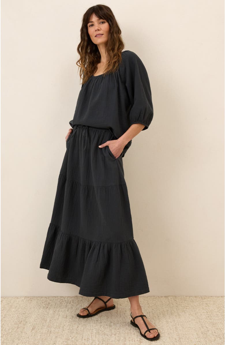 Pact Organic Cotton Coastal Double Gauze Tiered Maxi Skirt, Alternate, color, Black
