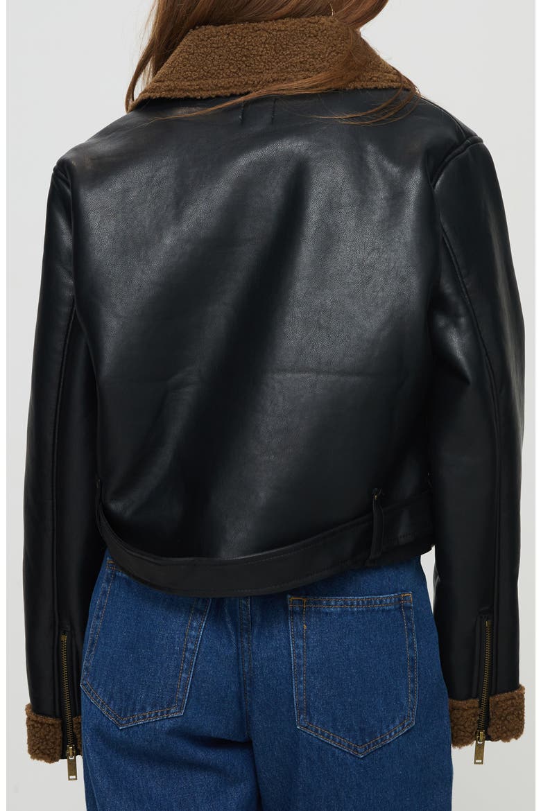 Faux Leather Crop Jacket with Faux Shearling Trim, Alternate, color, BLACK