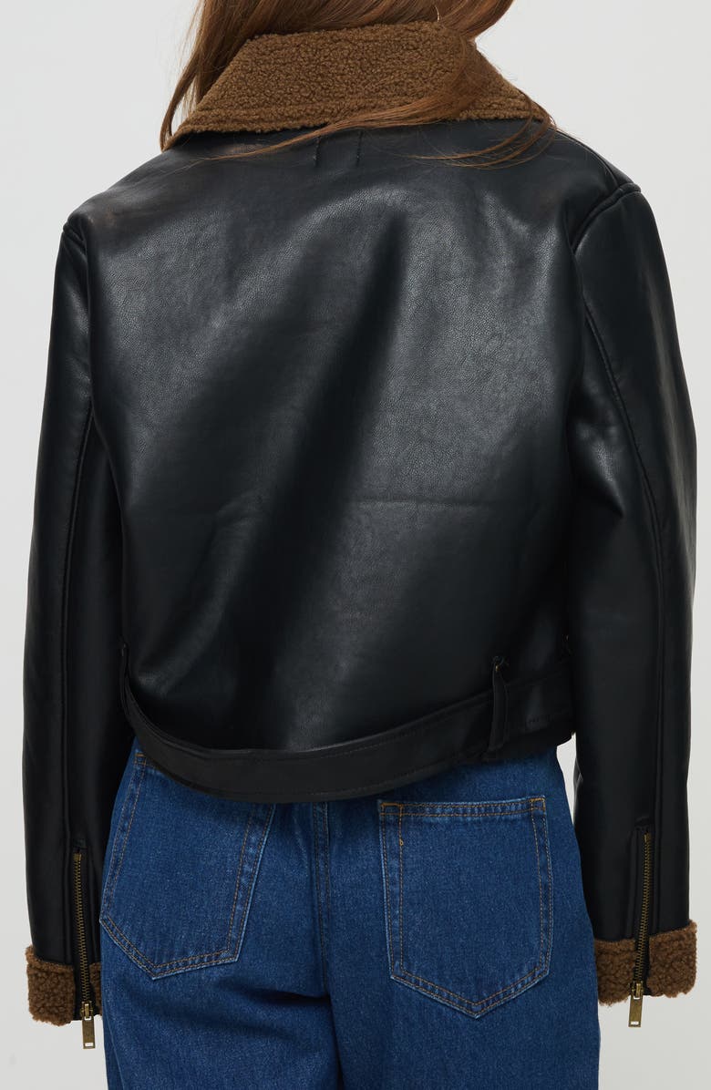Princess Polly Faux Leather Crop Jacket with Faux Shearling Trim, Alternate, color, Black