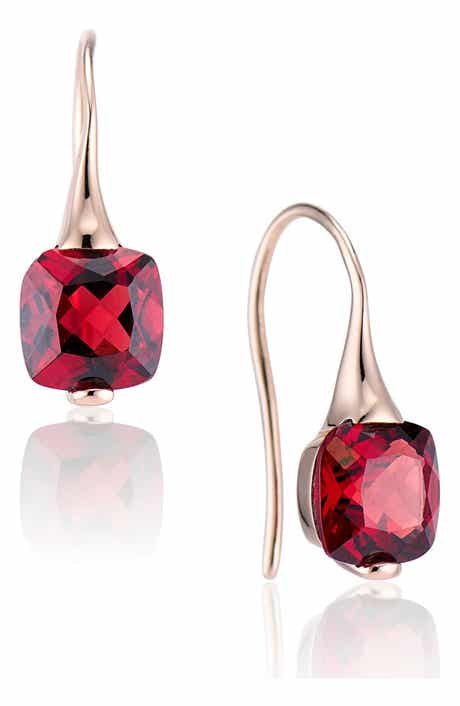 House of Frosted 14K Yellow Gold Cushion Cut Garnet Drop Earrings