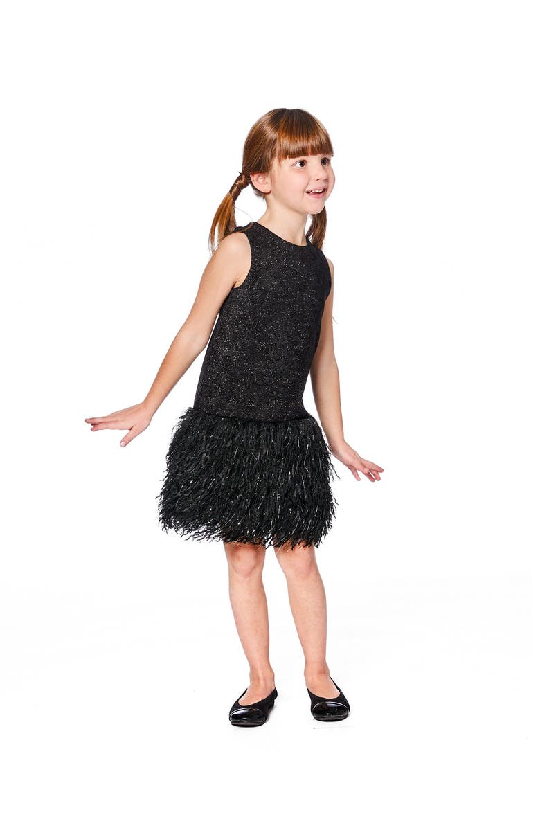 Deux par Deux Sleeveless Bi-Material Lurex Dress with Feathers, Main, color, Black