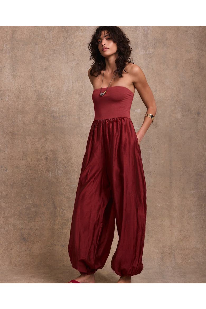 Bandeau Balloon Jumpsuit, Alternate, color, Burgundy
