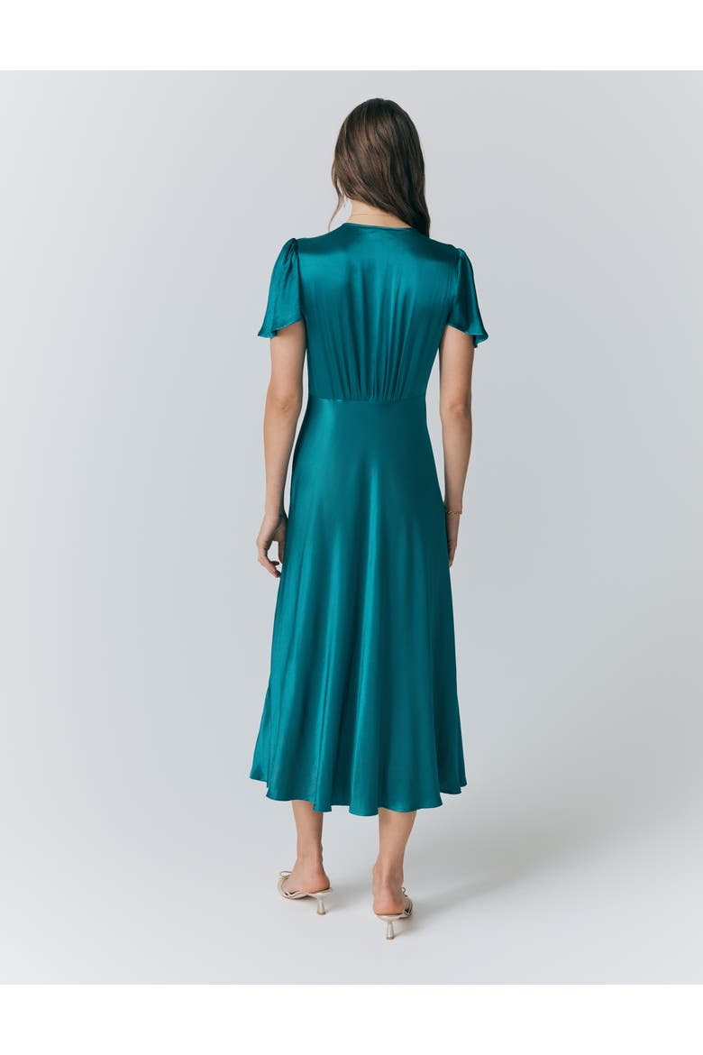 Grace Satin Button V-Neck Dress, Alternate, color, Emerald Sea