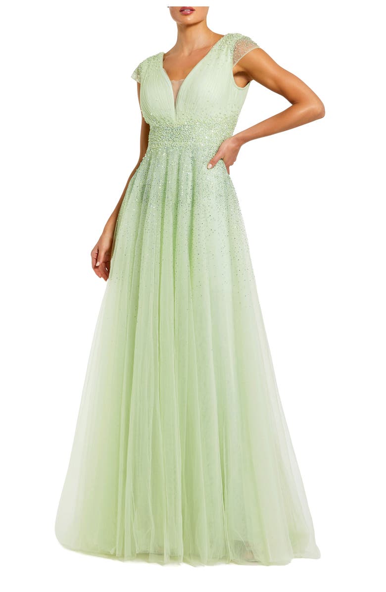 Mac Duggal Embellished Tullle Cap Sleeve V Neck Evening Gown, Main, color, Sage