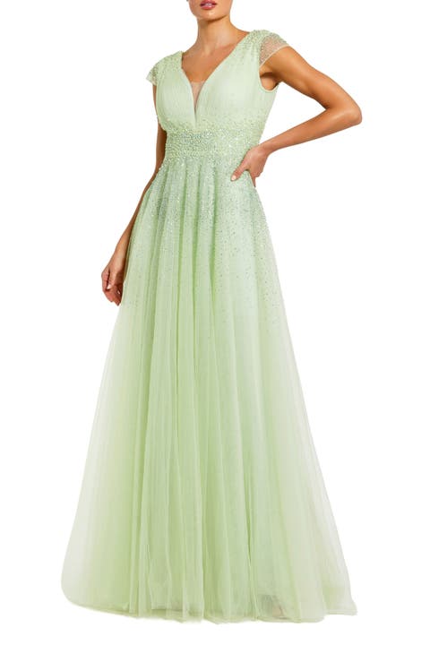Embellished Tullle Cap Sleeve V Neck Evening Gown