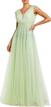 Mac Duggal Embellished Tullle Cap Sleeve V Neck Evening Gown