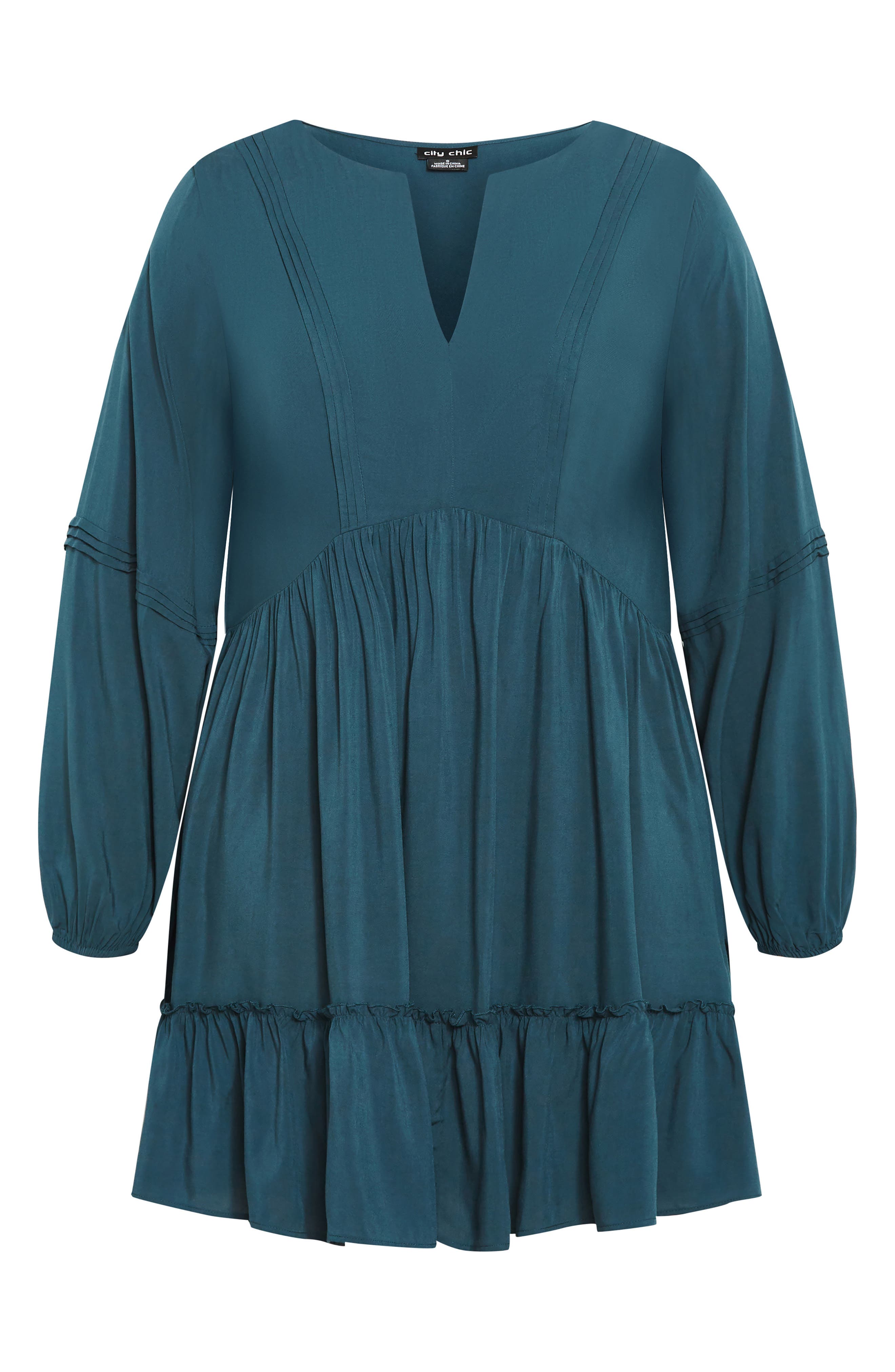 City Chic Mira Long Sleeve Tiered Minidress In Green