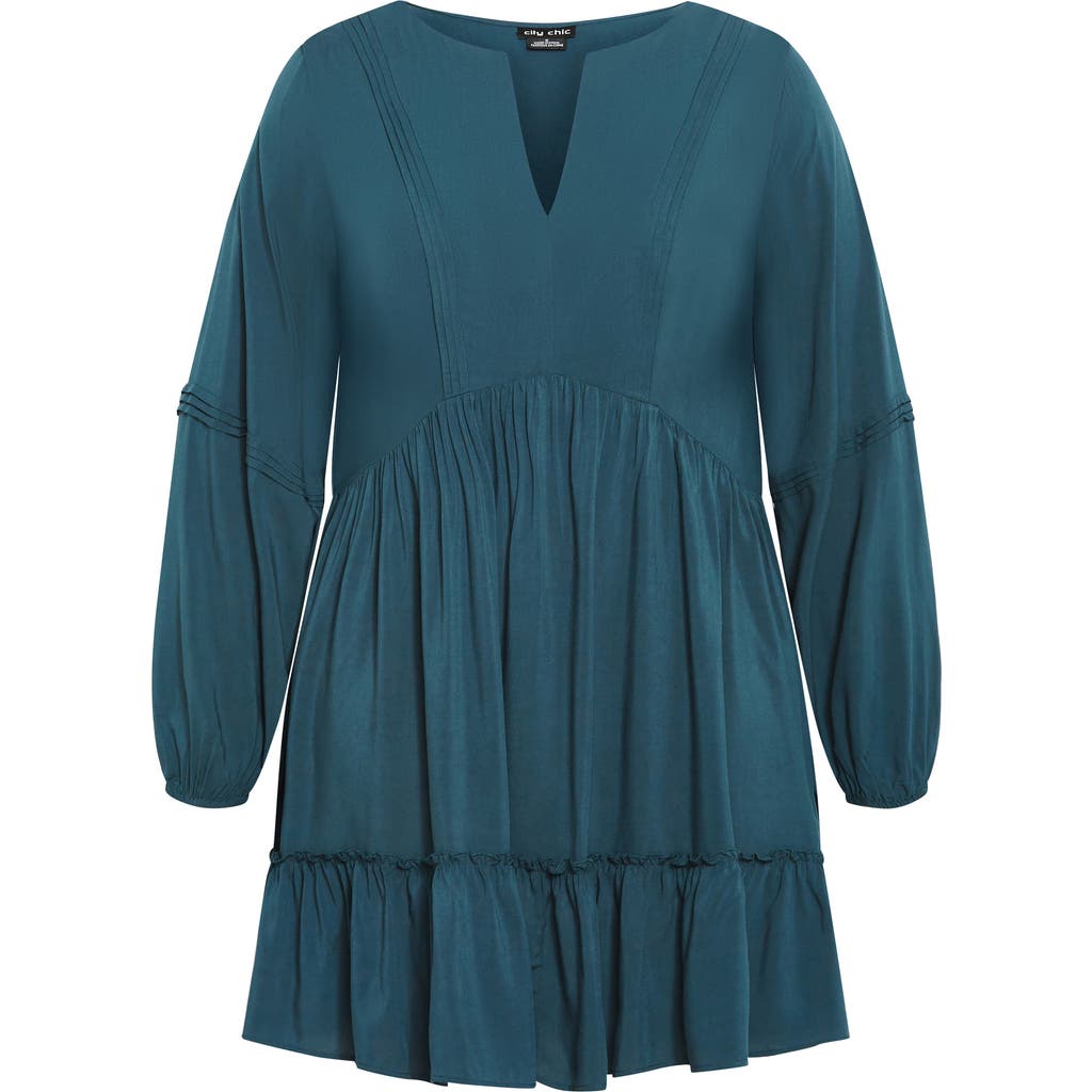 City Chic Mira Long Sleeve Tiered Minidress In Green
