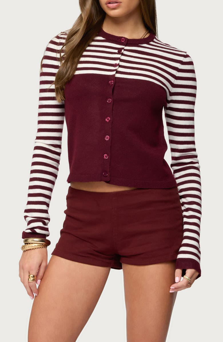 EDIKTED Goni Stripe Cardigan, Main, color, Burgundy