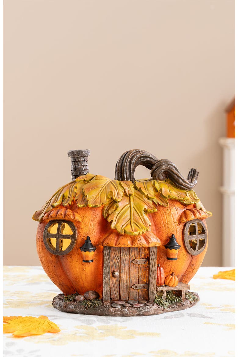 8.5"L Fall Lighted Resin Pumpkin House Table Decor with Timer, Alternate, color, Brown