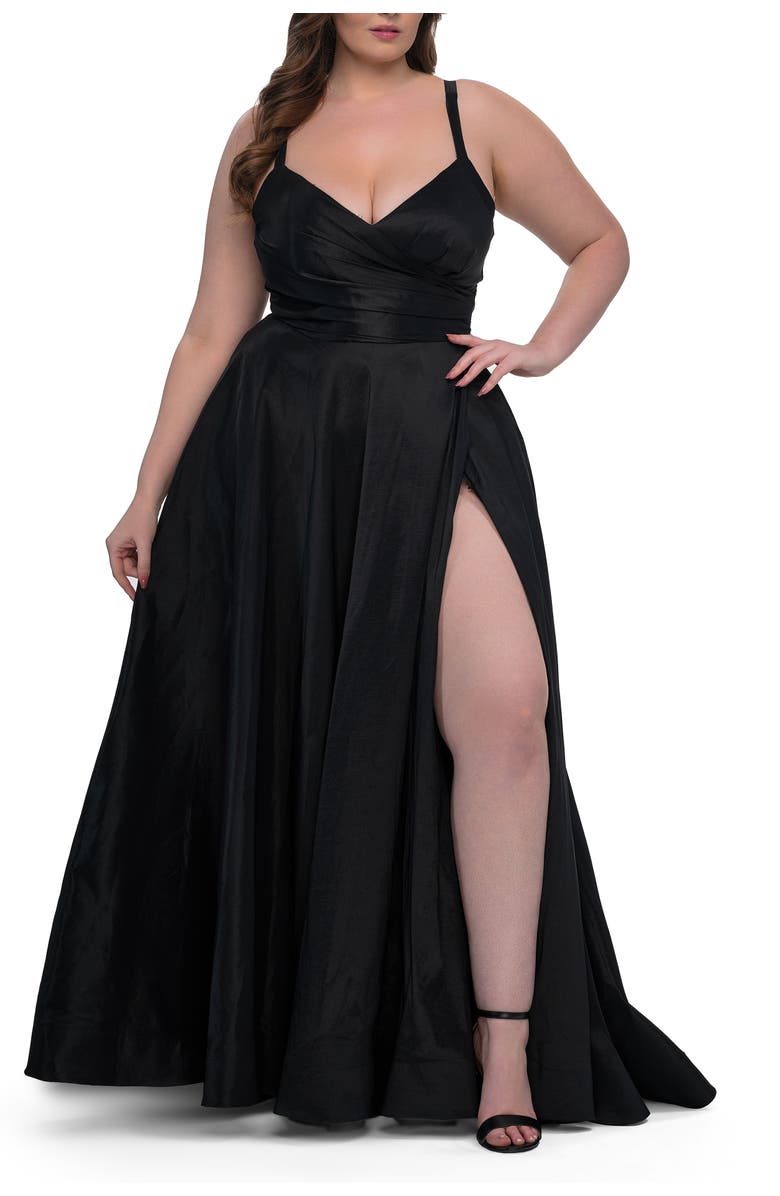 La Femme Simple A-line Mikado Plus Dress with Slit, Alternate, color, Black