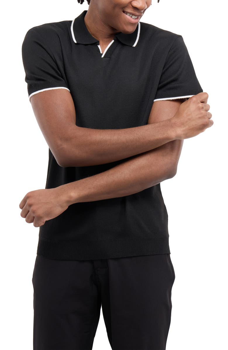 Spring + Mercer Short Sleeve Johnny Collar Polo Sweater, Alternate, color, Black/ White