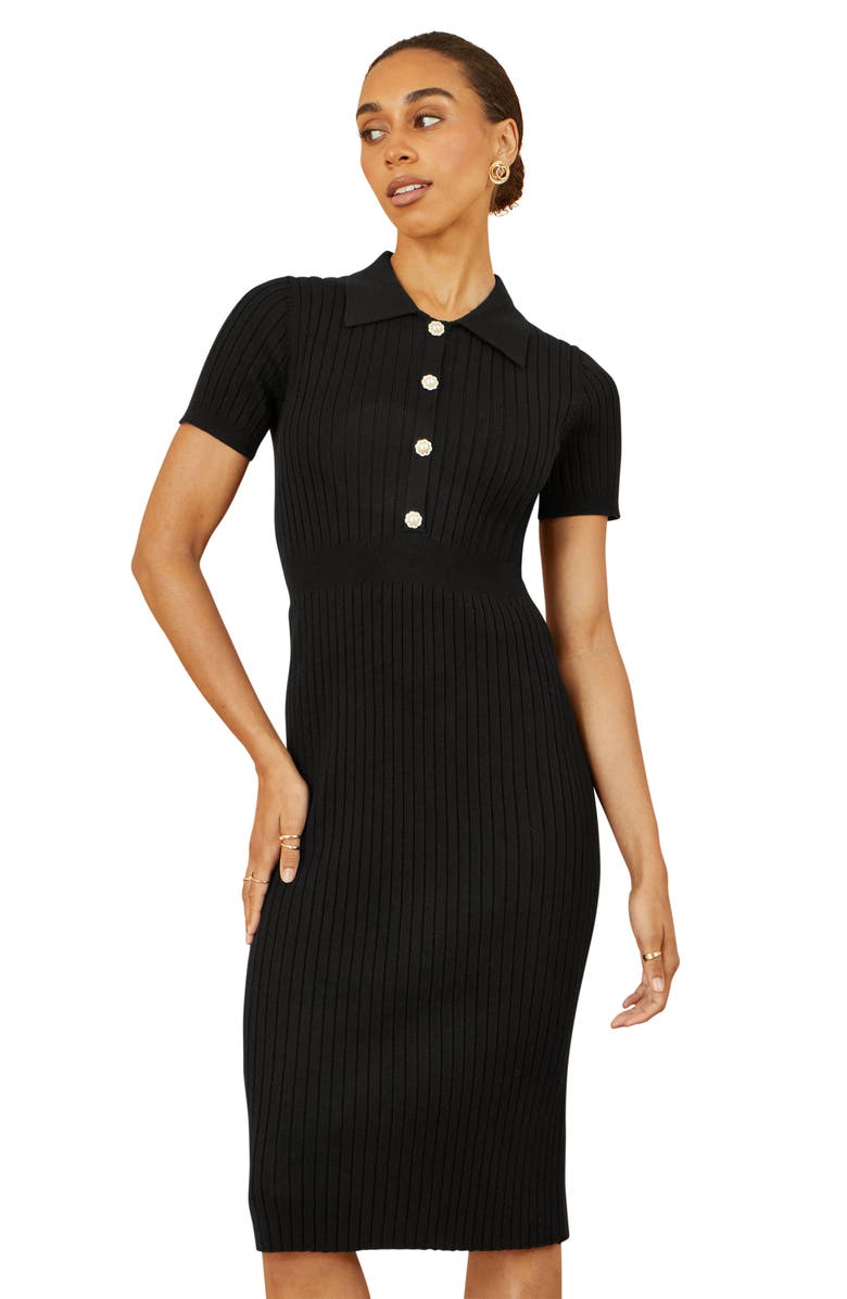Yumi Fitted Rib Knitted Midi Dress, Alternate, color, Black