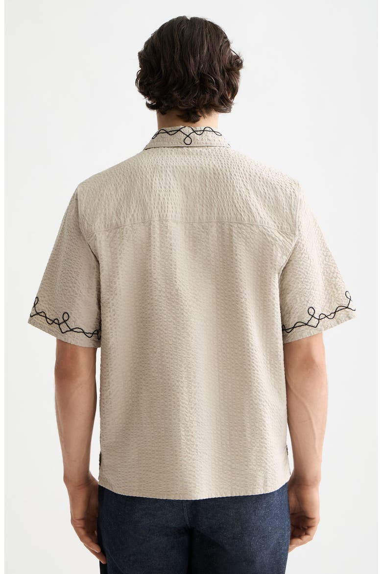 Oversize Embroidered Short Sleeve Cotton Seersucker Button-Up Shirt, Alternate, color, PLAZA TAUPE
