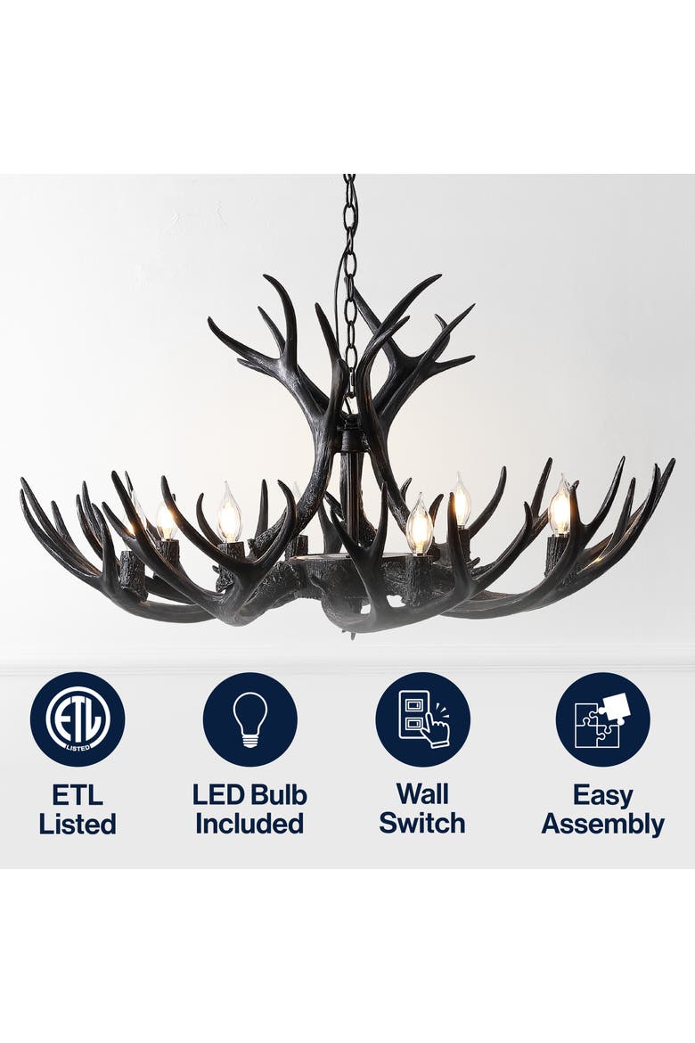 Eldora 36" 8-Light Rustic Farmhouse Adjustable Resin Antler LED Chandelier, Brown, Alternate, color, Black