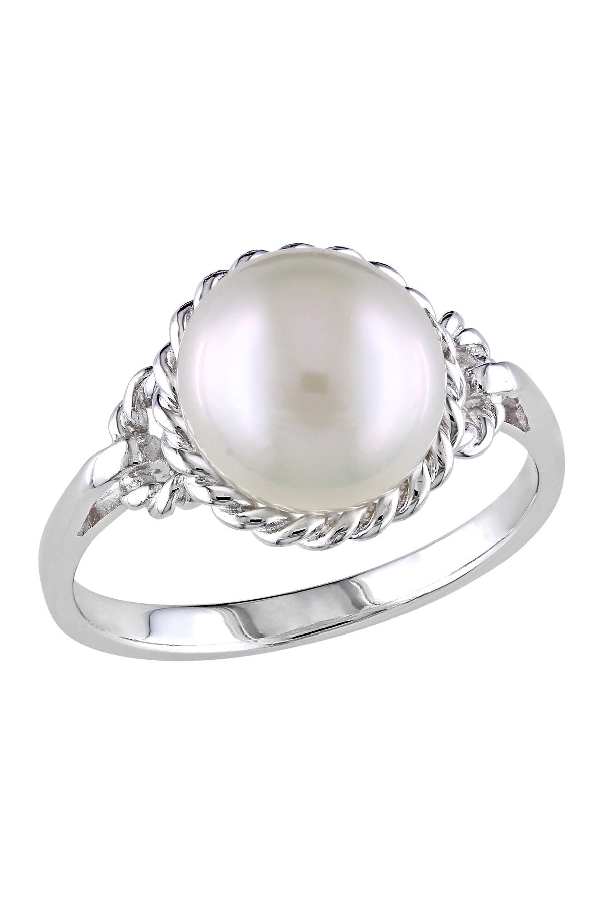 DELMAR Sterling Silver 9-9.5mm White Freshwater Cultured Pearl Rope Frame Ring