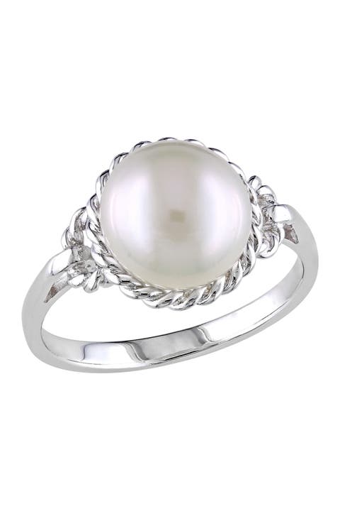 Sterling Silver 9-9.5mm White Freshwater Cultured Pearl Rope Frame Ring