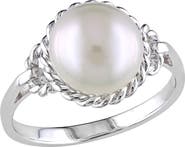 DELMAR Sterling Silver 9-9.5mm White Freshwater Cultured Pearl Rope Frame Ring