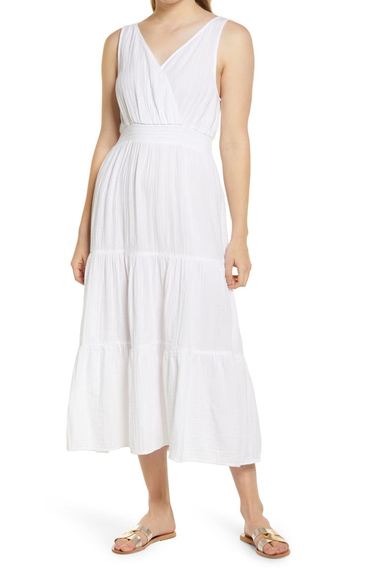 Yuna Sleeveless Cotton Double Cloth Midi Dress, Main, color, WHITE