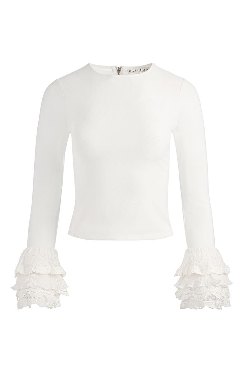 Alice + Olivia Delania Mesh Ruffle Cuff Top, Alternate, color, Off White