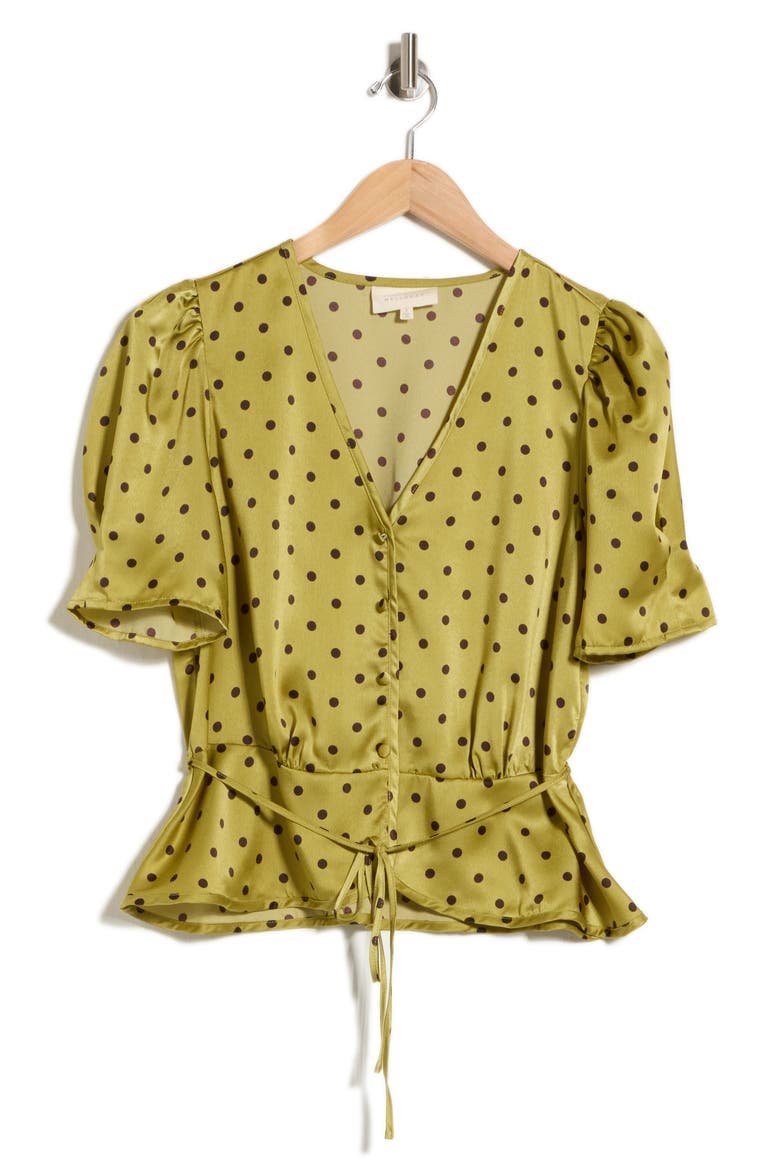 Satin Peplum Top, Main, color, PISTACHIO/BROWN DOT