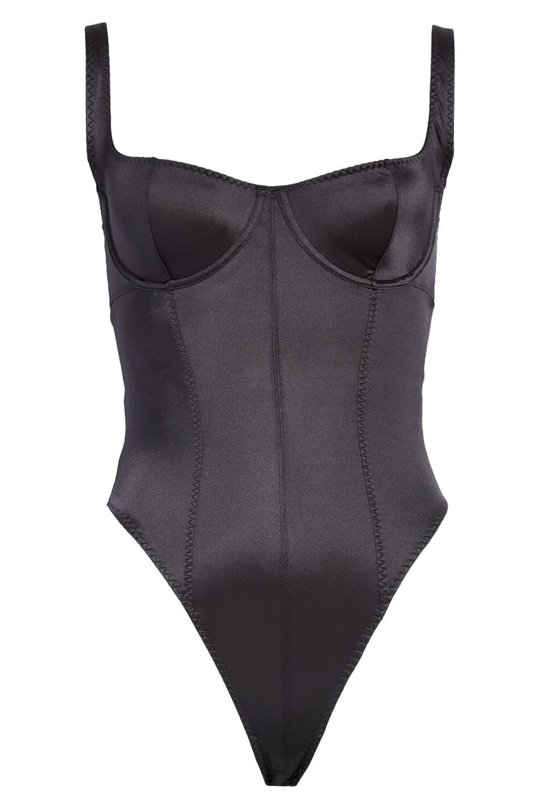 Stretch Satin Underwire Thong Bodysuit, Alternate, color, ONYX