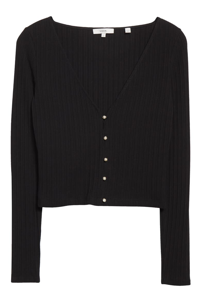 Plunge Neck Rib Cardigan, Alternate, color, BLACK