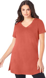 Roaman's Plus Size Ultimate Cotton V Neck Short Sleeve Tunic