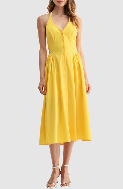 Halter Button Front Midi Dress