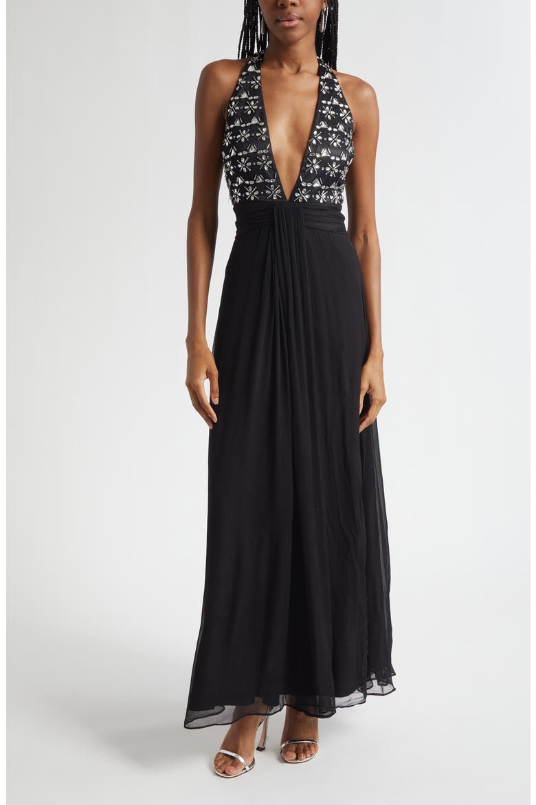 Martina Embellished Bodice Chiffon Gown, Main, color, BLACK