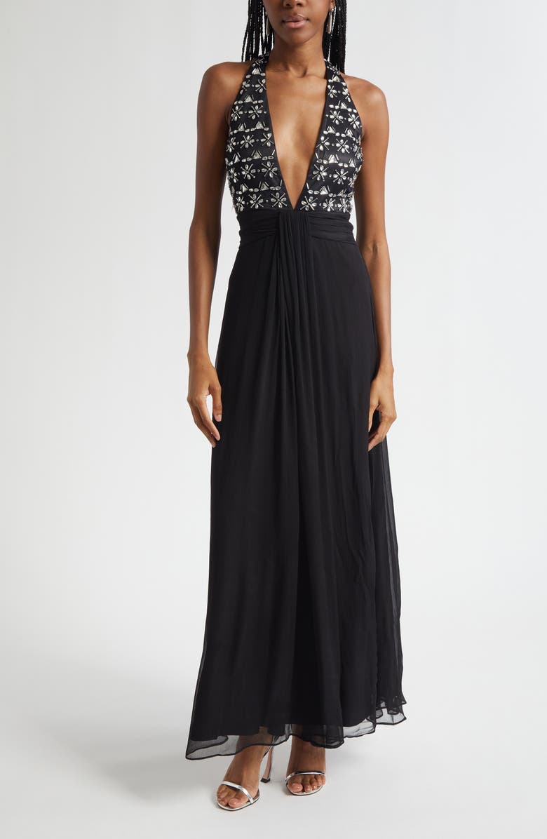 Ramy Brook Martina Embellished Bodice Chiffon Gown, Main, color, Black