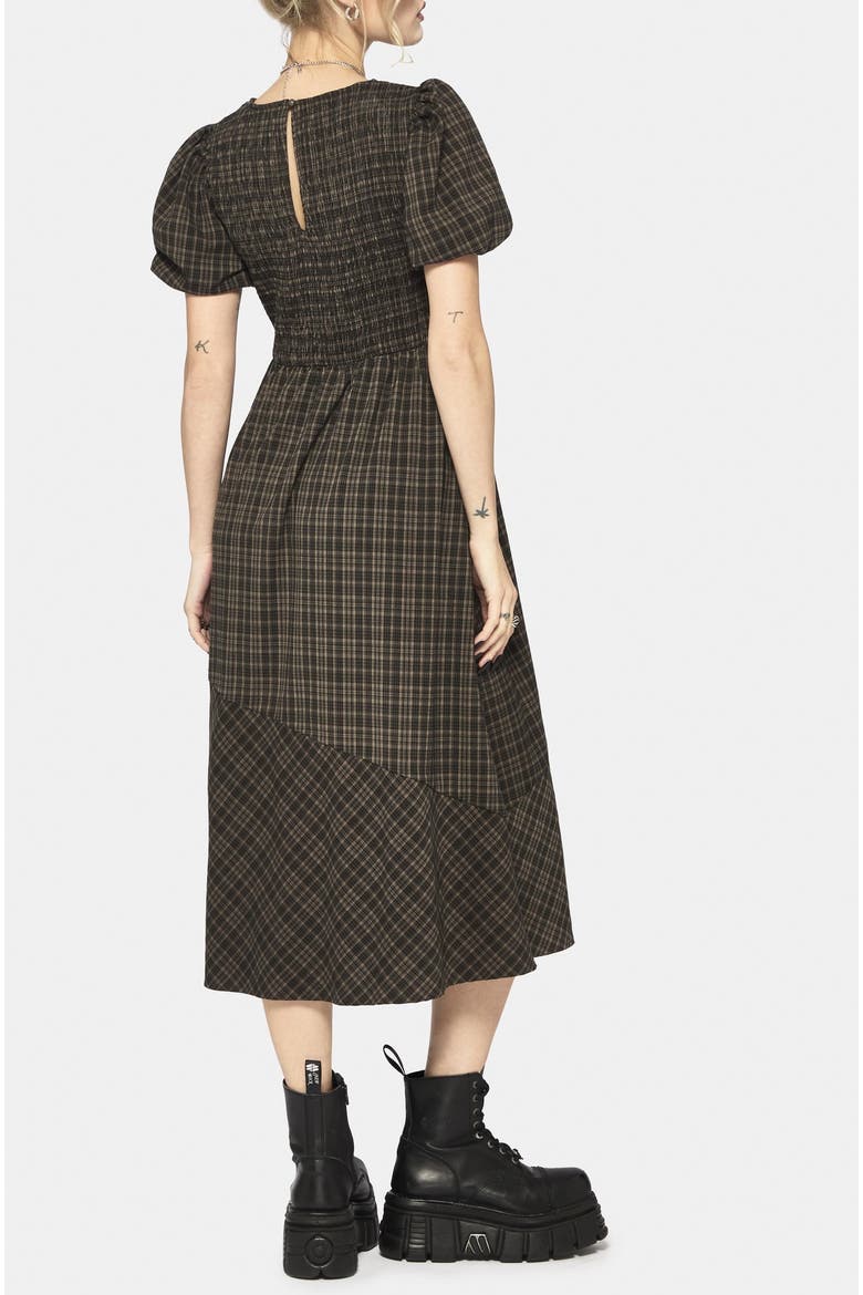 Rhiannon Check Shirred Bodice Midi Dress, Alternate, color, Brown